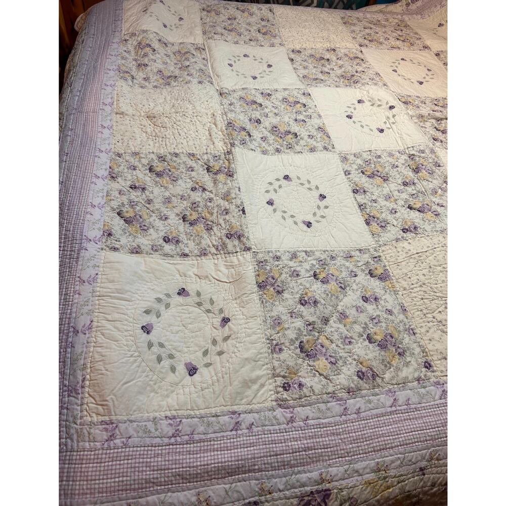 Cottagecore Lavender Floral Embroidered Wreath Design Patchwork Quilt Queen Size - Picture 5 of 11
